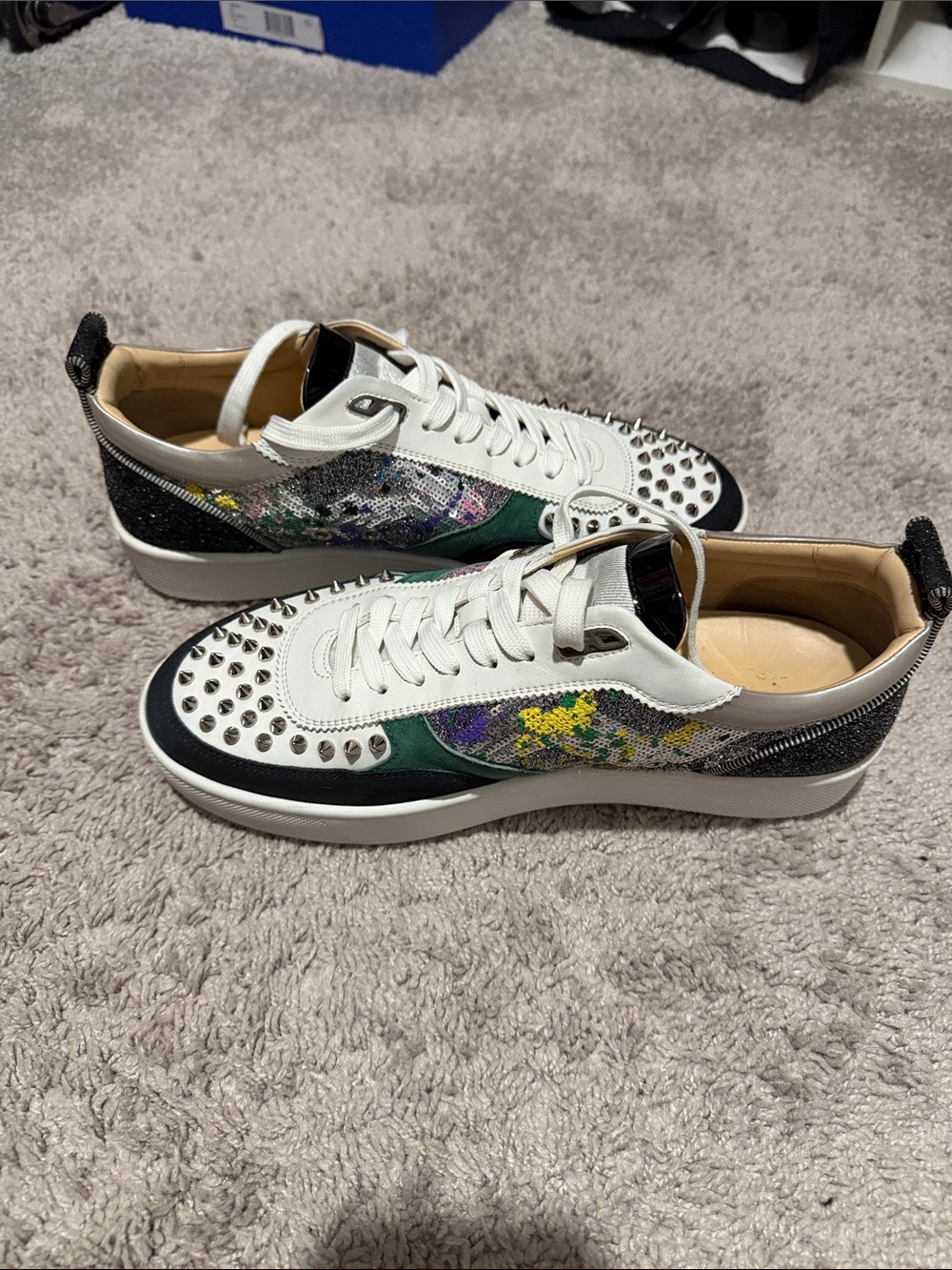Christian Louboutin White, Black and Green Sequin-Accent Low-Top Sneakers - Picture 9 of 10